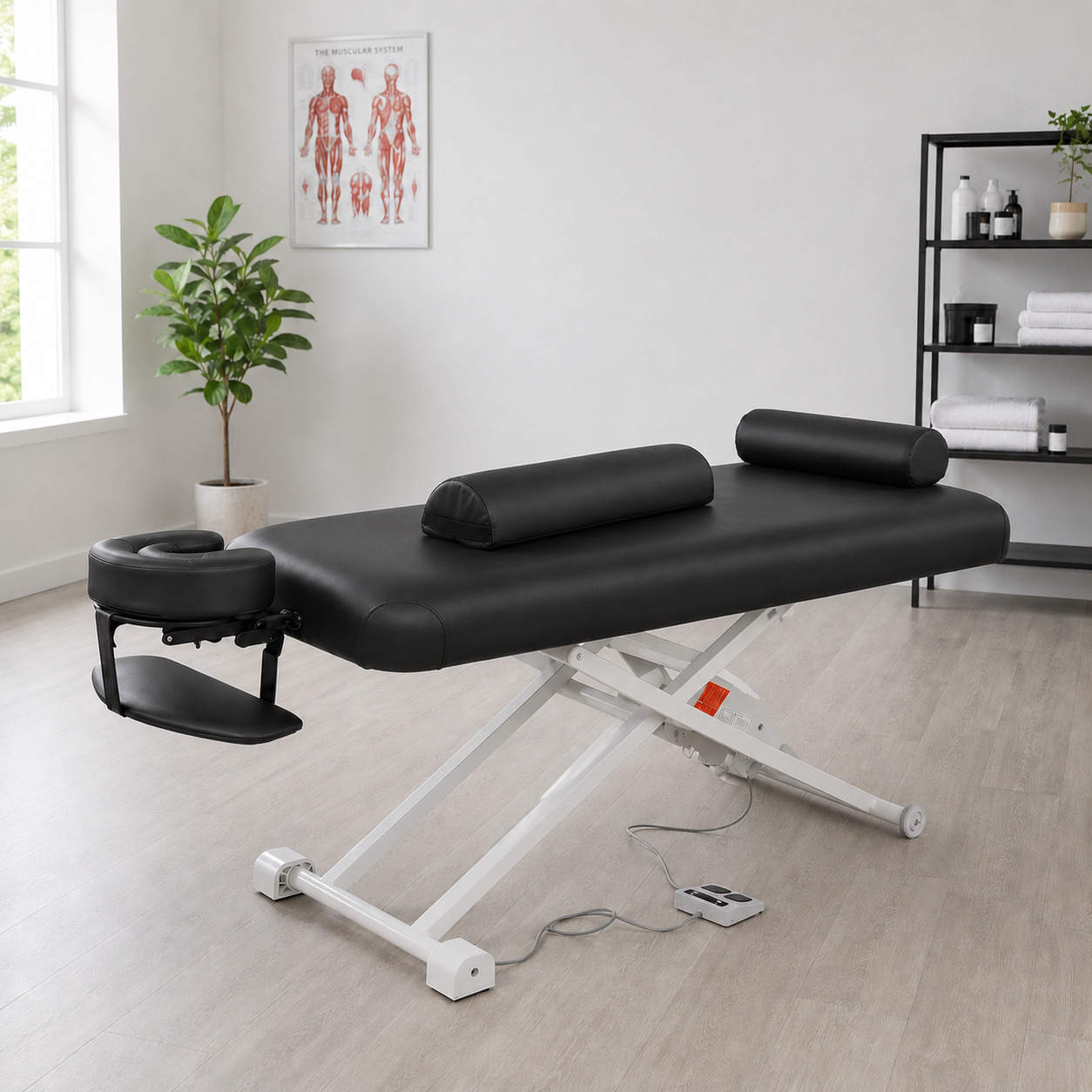 Black electric lift massage table with full and half-round bolster cushions and adjustable face cradle in a bright treatment room.