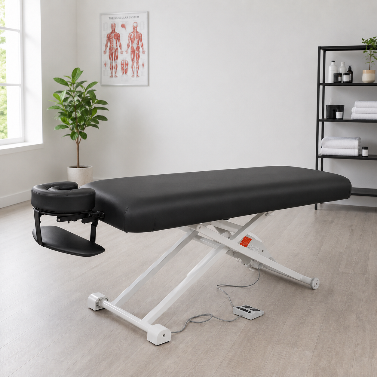 Black electric lift massage table with white steel frame and foot pedal in a bright treatment room with plant and shelving
