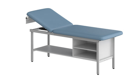 Blue upholstered medical examination table with adjustable backrest, grey steel frame, and two-tier lower storage shelf on a white background.