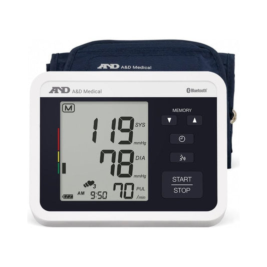 A&D Medical Bluetooth upper arm digital blood pressure monitor displaying 119 over 78 readings with dark blue cuff on a white background.