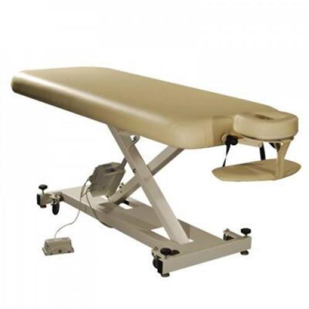 Angled view of the Athena Classic Electronic Massage Table, showcasing its sturdy lifting mechanism and the comfortable 3-inch multi-layer soft foam system.