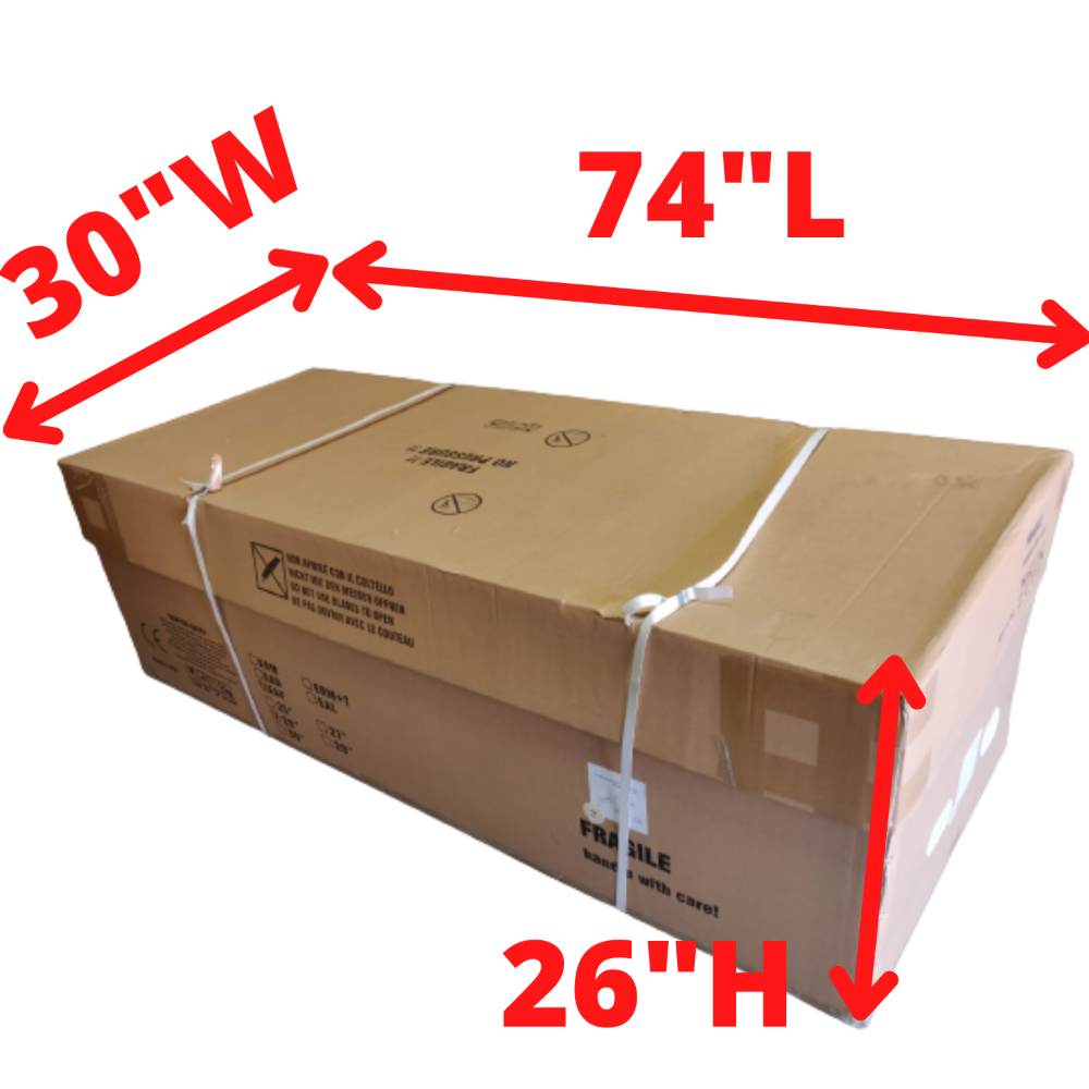 View of the sturdy cardboard shipping box for the Athena Classic Electronic Massage Table, overlaid with red text highlighting the package dimensions for curbside delivery.