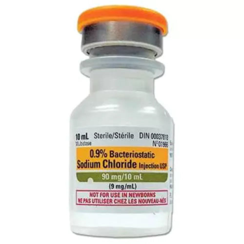 A close-up view of a single 10ml vial of Bacteriostatic Sodium Chloride 0.9%, highlighting the sterile solution labeling and pharmaceutical grade seal.