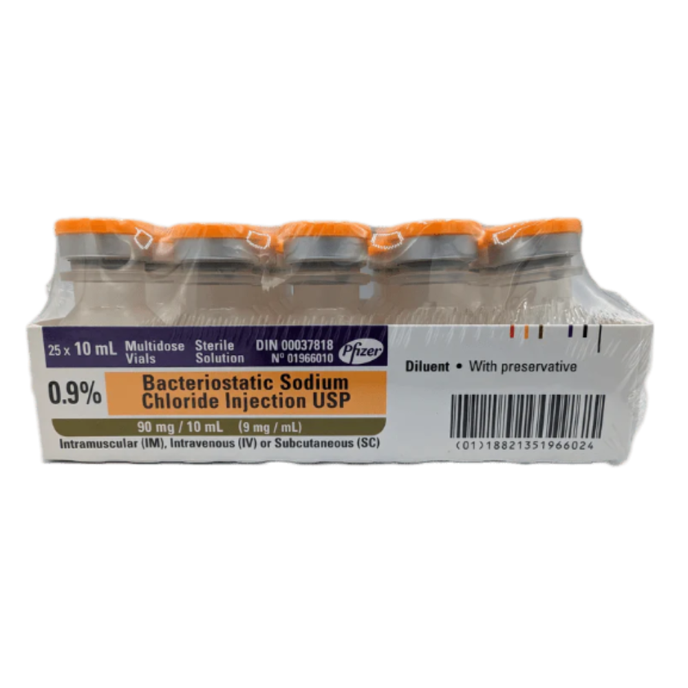 A side-angle view of the 25-count vial tray for Bacteriostatic Sodium Chloride, showcasing the organized and secure clinical packaging.