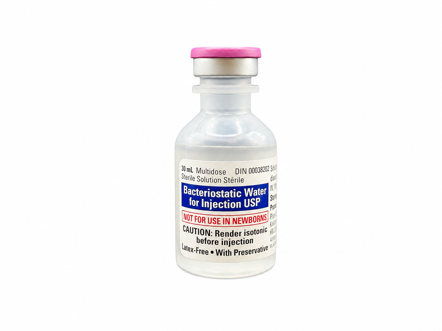 30 mL multidose vial of Bacteriostatic Water for Injection USP with pink flip-off cap shown on a plain white background.