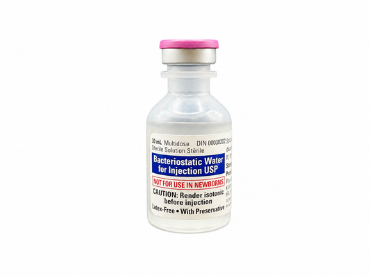 30 mL multidose vial of Bacteriostatic Water for Injection USP with pink flip-off cap shown on a plain white background.