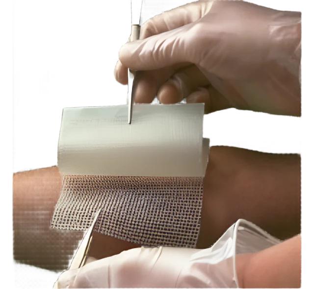 Gloved healthcare provider applying sterile Bactigras medicated paraffin gauze dressing to an arm wound with forceps