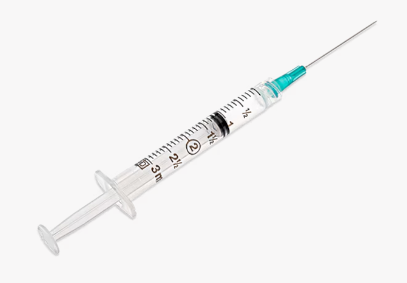 3 mL BD Luer-Lok syringe with attached 23 G x 1-1/2 inch needle and turquoise hub