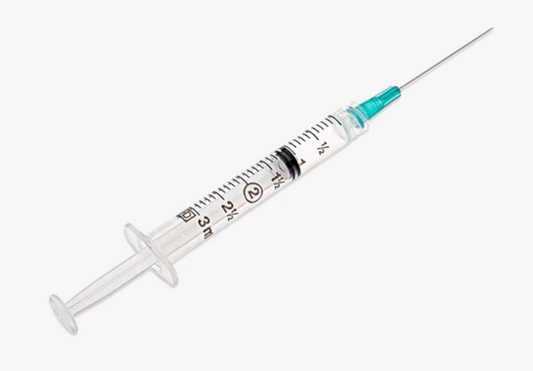 3 mL BD Luer-Lok syringe with attached 23 G x 1-1/2 inch needle and turquoise hub