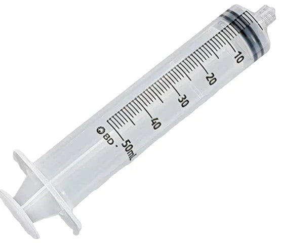 Clear BD 50 mL medical syringe with black volume measurement markings on a white background.