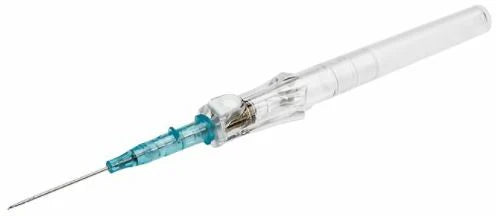 BD Insyte Autoguard BC Pro 22G safety IV catheter cannula showing the exposed stainless steel needle, blue color-coded hub, and clear flashback chamber.