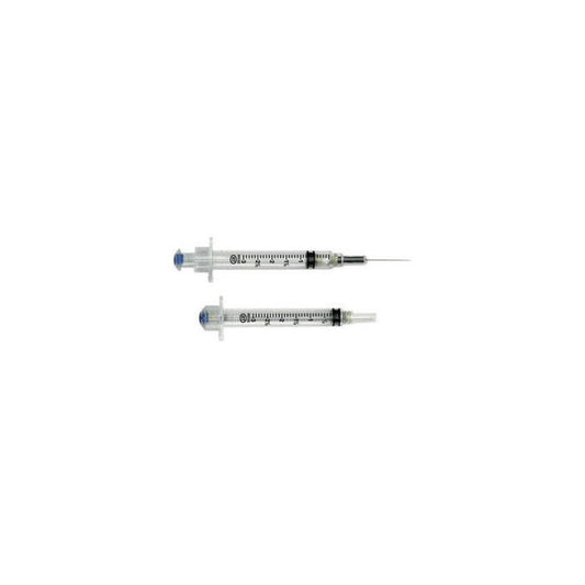 Two sterile BD Luer-Lok medical syringes displayed side by side against a white background, one with a attached PrecisionGlide needle and safety cap.