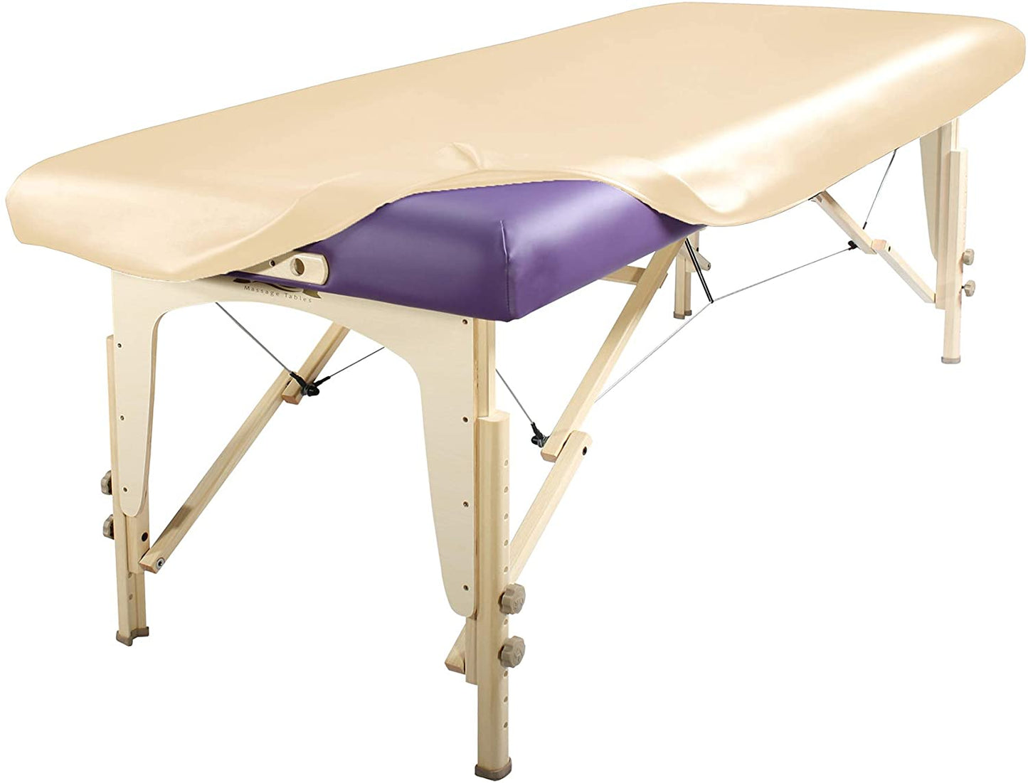 Beige fitted PU vinyl protective cover fitted over a wooden massage table