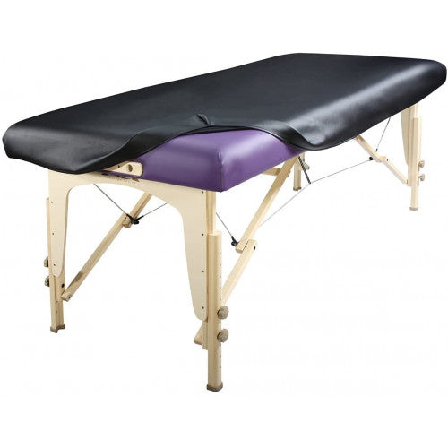 Black fitted PU vinyl protective cover fitted over a wooden massage table