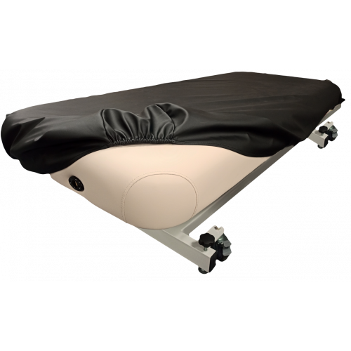 Top down view of black fitted PU vinyl protective cover on a massage table
