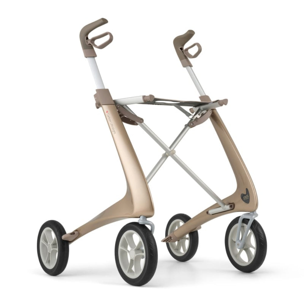 Load video: byACRE Carbon Ultralight Compact rollator demonstration showing the 10.6 lb carbon fiber frame, compact 22 inch seat height, folding design, forward-facing handles, 8 inch wheels, and everyday mobility use.