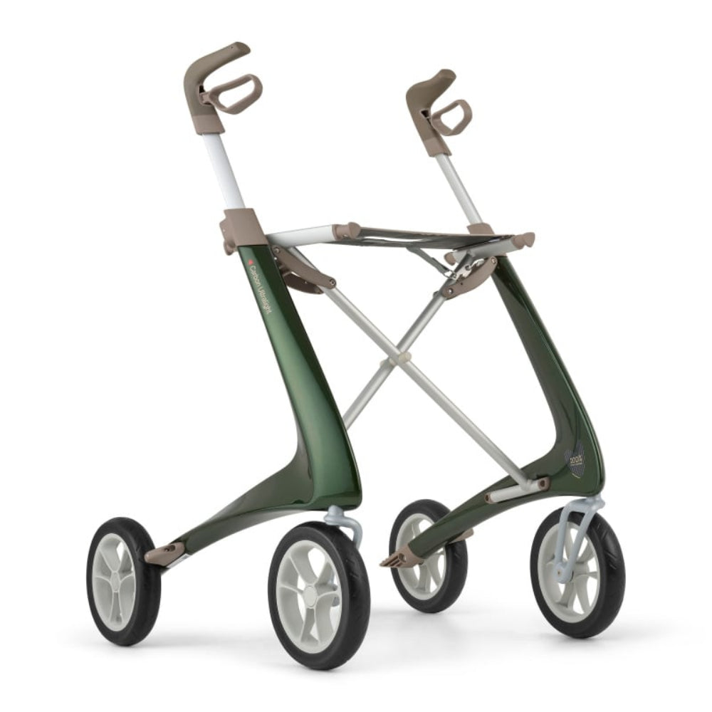 Angled profile view of the byACRE Carbon Ultralight in Sonic Racing Green, featuring a vibrant metallic blue frame and ergonomic forward-facing handles.