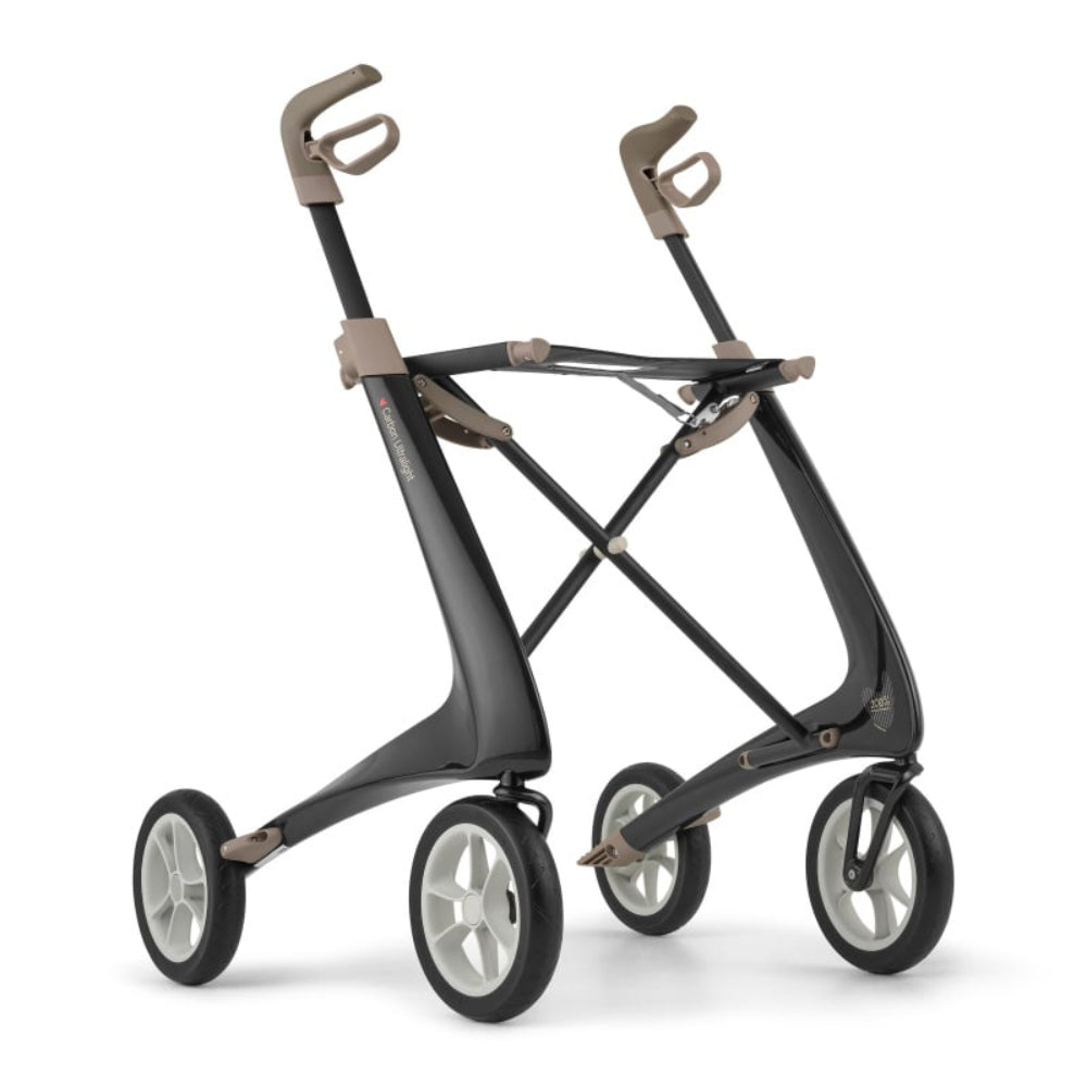 Angled profile view of the byACRE Carbon Ultralight in Carbon Black, featuring a vibrant metallic blue frame and ergonomic forward-facing handles.