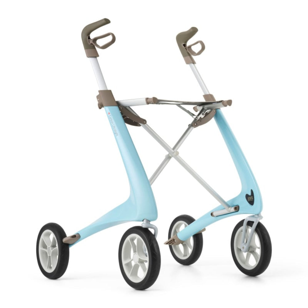 Angled profile view of the byACRE Carbon Ultralight in Morning Blue, featuring a vibrant metallic blue frame and ergonomic forward-facing handles.