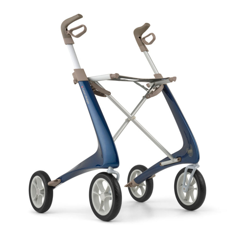 Angled profile view of the byACRE Carbon Ultralight in Royal Blue, featuring a vibrant metallic blue frame and ergonomic forward-facing handles.