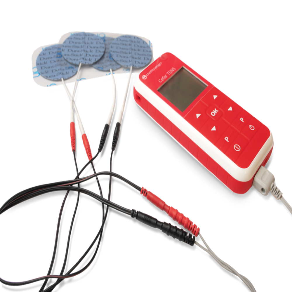 A detailed shot of the high-quality lead wires and self-adhesive electrode pads included with the Chattanooga Cefar system.