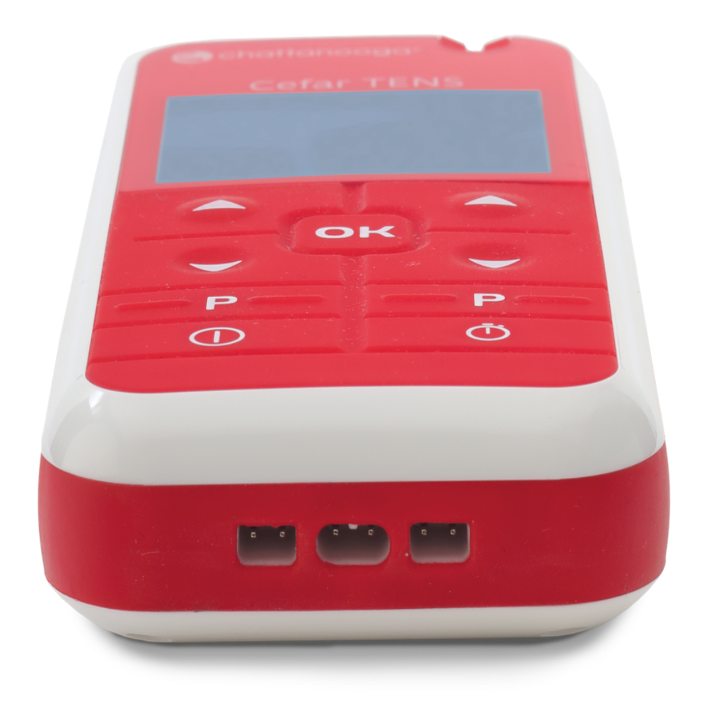 A top-down view of the device highlighting the dual-channel connection ports for simultaneous treatment of multiple areas.