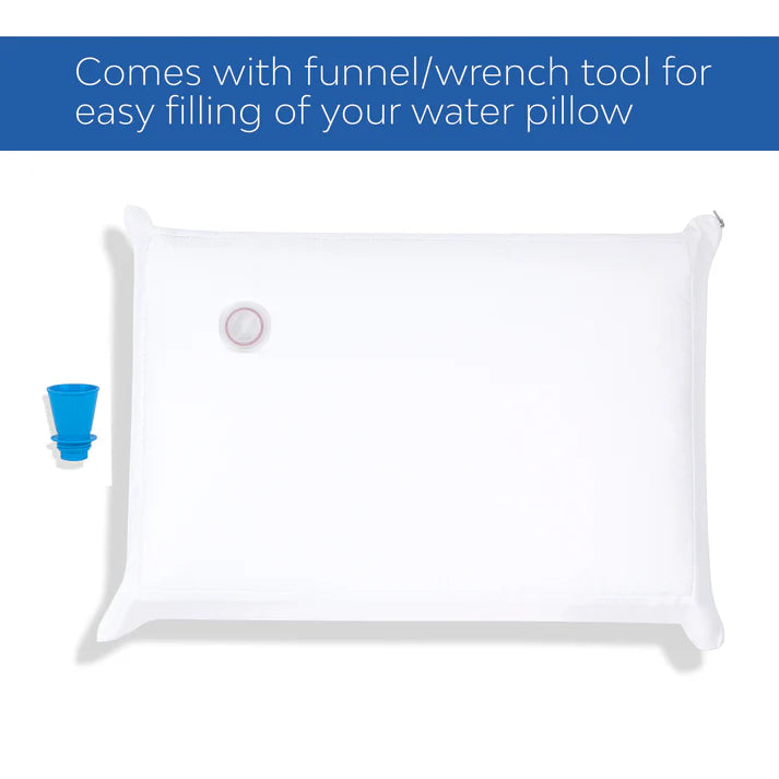 Feature graphic showing the translucent inner water pouch of a Chiroflow water pillow alongside its blue combination funnel and cap wrench tool on a white background.