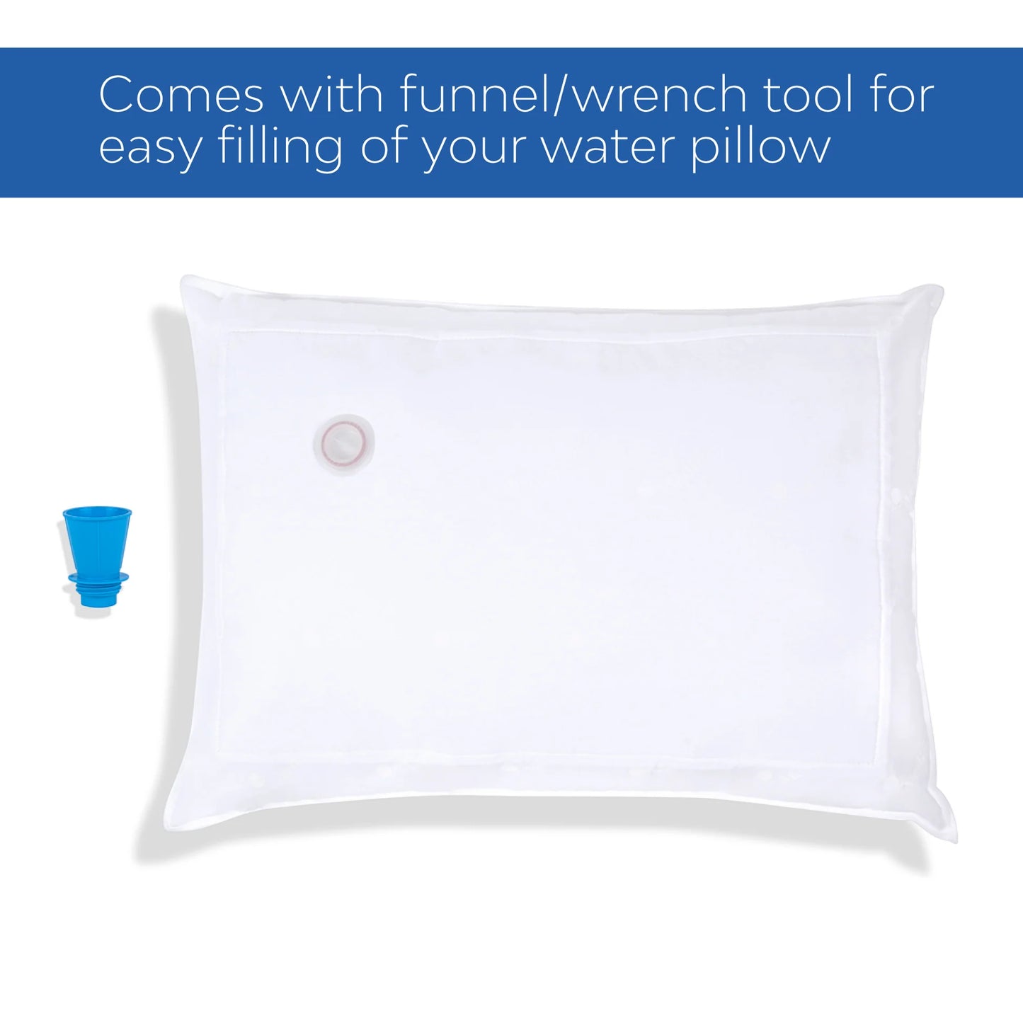 The back view of the Chiroflow pillow showing the discrete placement of the water valve and the smooth fabric texture.