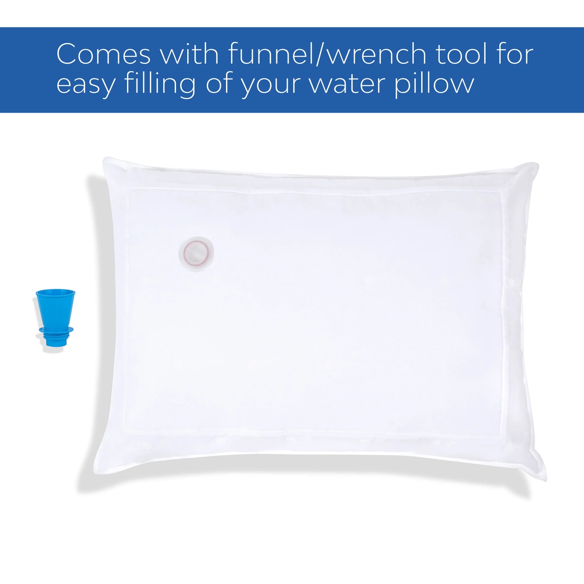 The back view of the Chiroflow pillow showing the discrete placement of the water valve and the smooth fabric texture.