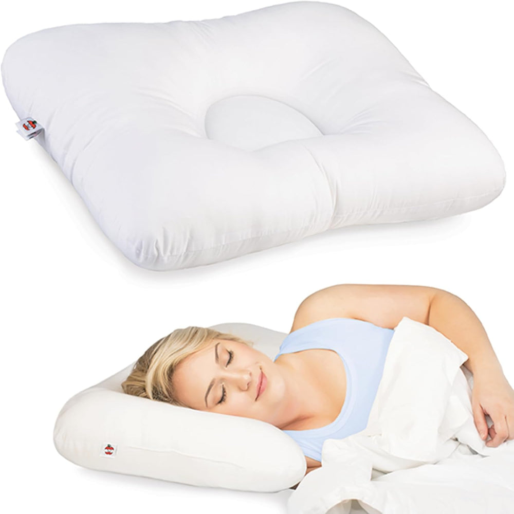 An angled top view of the D-Core pillow, highlighting the unique D-shaped center indentation and the raised neck support lobes.