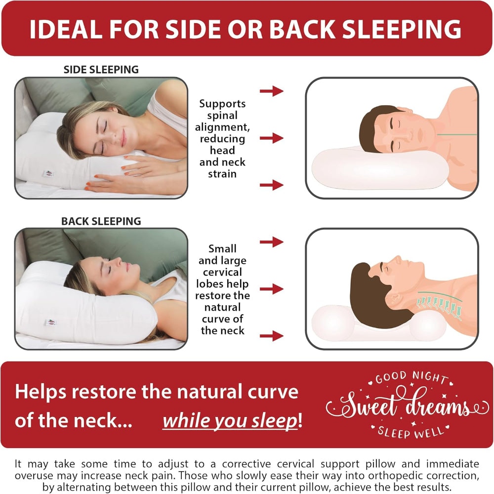 An infographic guide showing the correct head placement in the D-shaped center for back sleepers and on the lobes for side sleepers.
