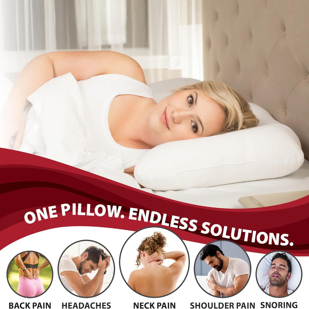A person using the D-Core pillow while sleeping on their side, demonstrating how the side lobes maintain proper head and neck height.