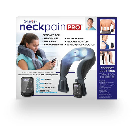 DR HO's Neck Pain Pro packaging displaying neck therapy device features and accessories