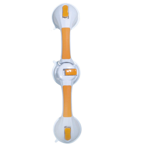 Full vertical front view of a white and orange Drive Medical rotating suction cup grab bar on a plain white background.