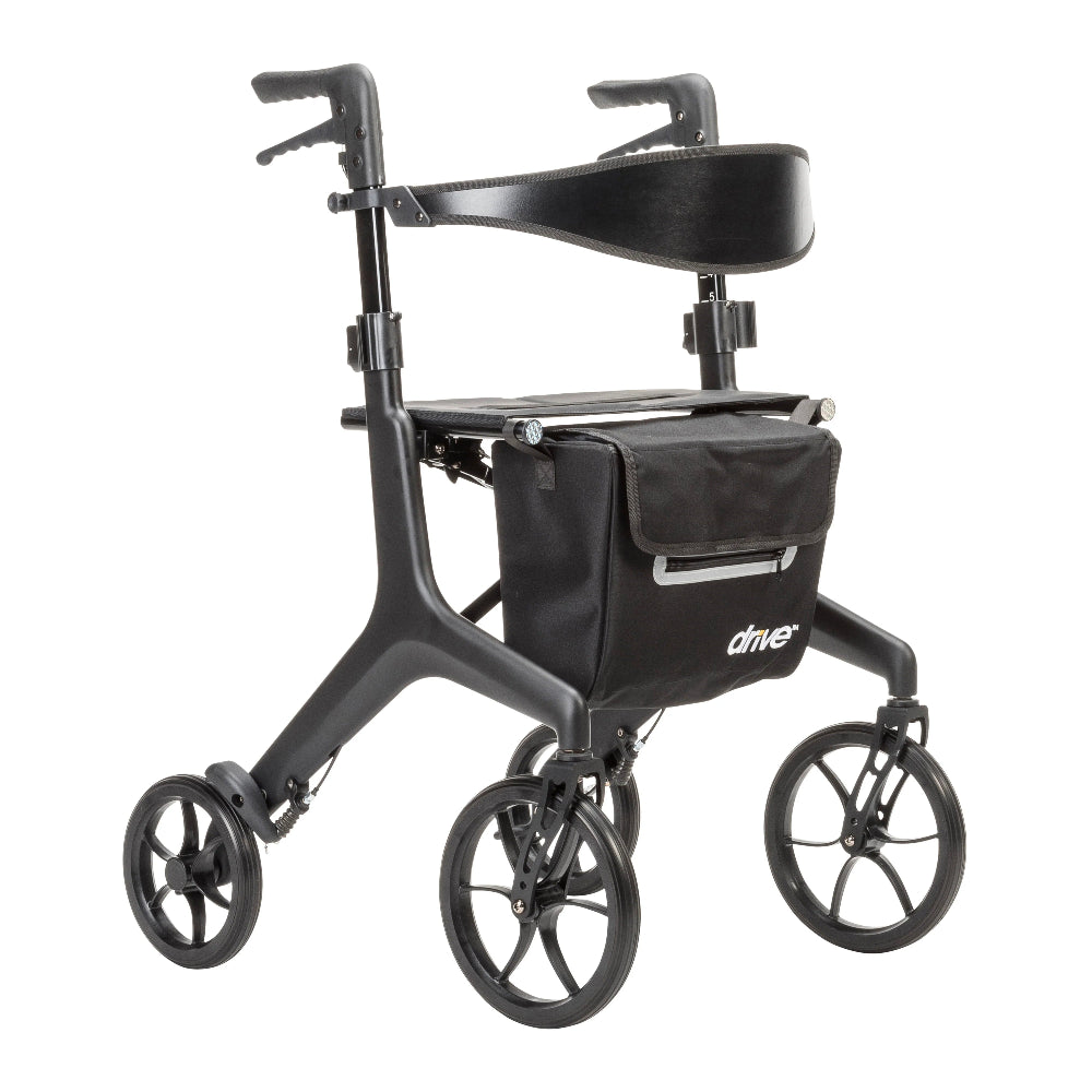 front angled view of the Drive Medical AeroCarbon Ultra-Lite Rollator, displaying the integrated braking system and stable four-wheel configuration.