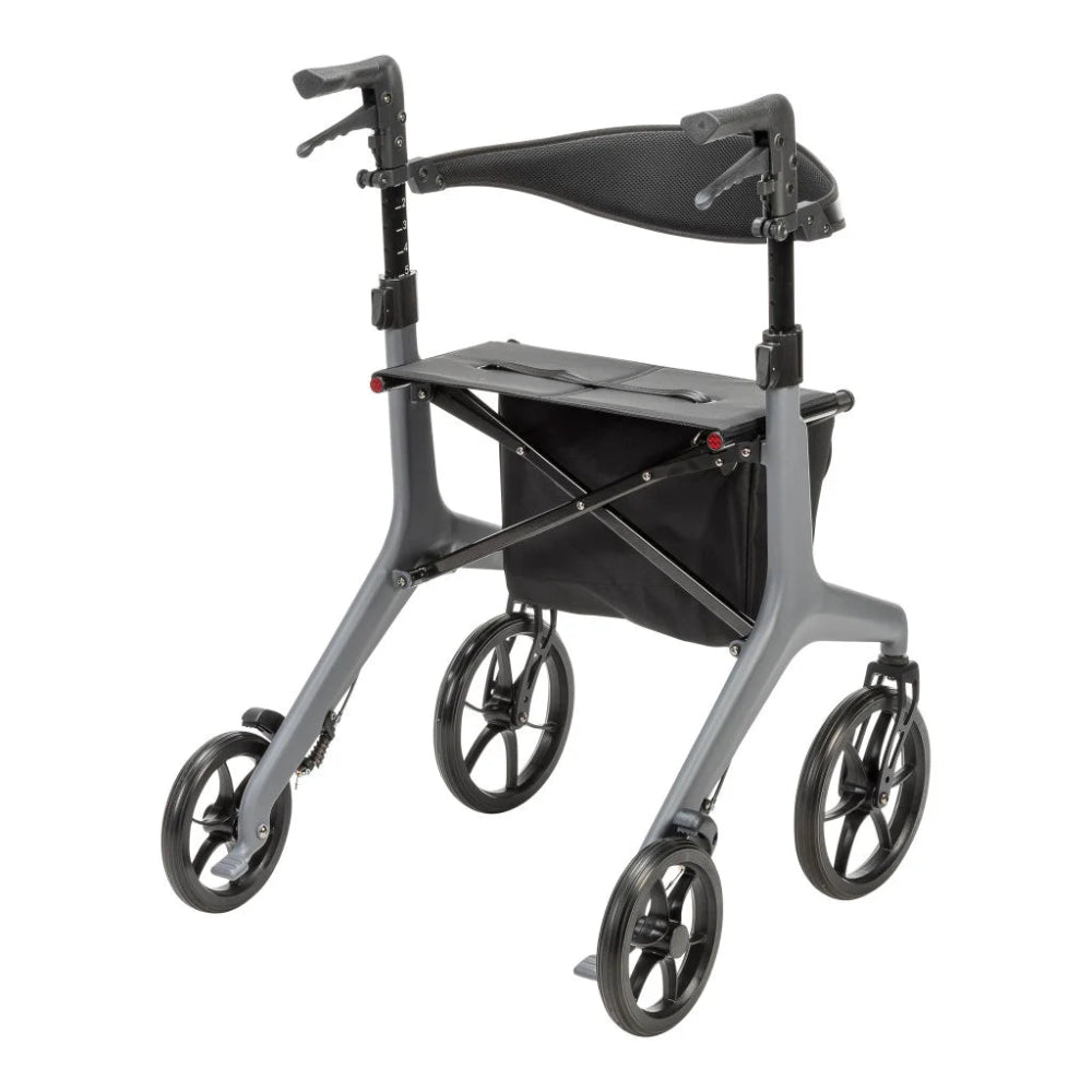 Rear angled view of the Drive Medical AeroCarbon Ultra-Lite Rollator, displaying the integrated braking system and stable four-wheel configuration.