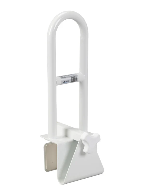 White Drive Medical clamp-on tub rail grab bar for bathroom safety shown on a plain white background.
