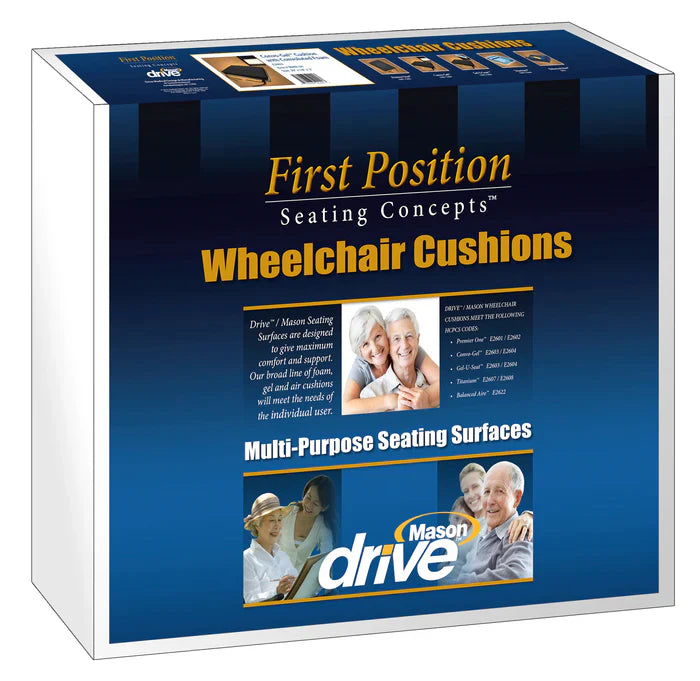 Retail packaging box for Drive Medical First Position Seating Concepts wheelchair cushions on a white background.