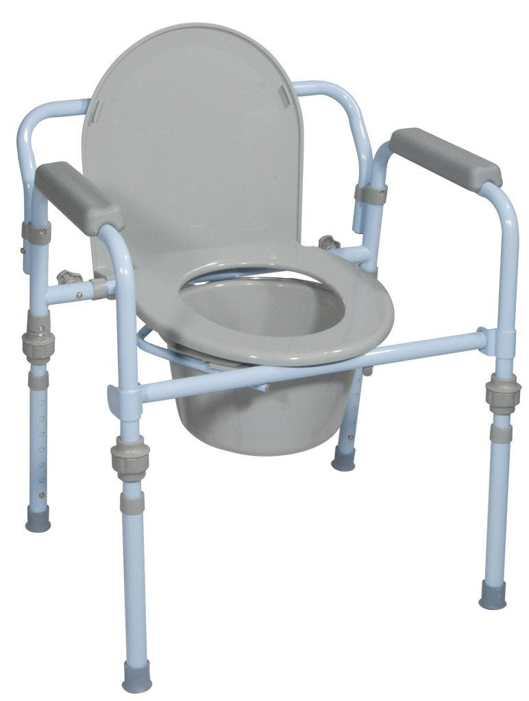 Drive Medical folding steel bedside commode chair with adjustable legs, armrests, backrest, and plastic bucket on a white background.