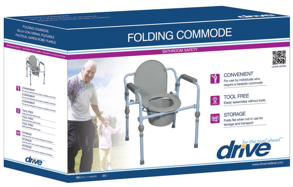 Retail product packaging box for the Drive Medical folding steel bedside commode displaying features and image of the chair on a white background.
