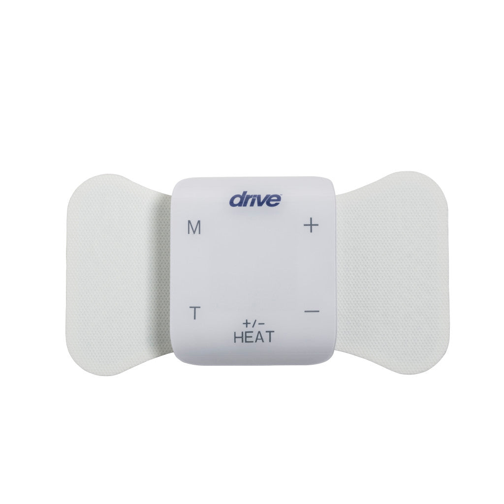 White Drive Medical heated TENS therapy control unit attached to a winged electrode pad against a plain white background.