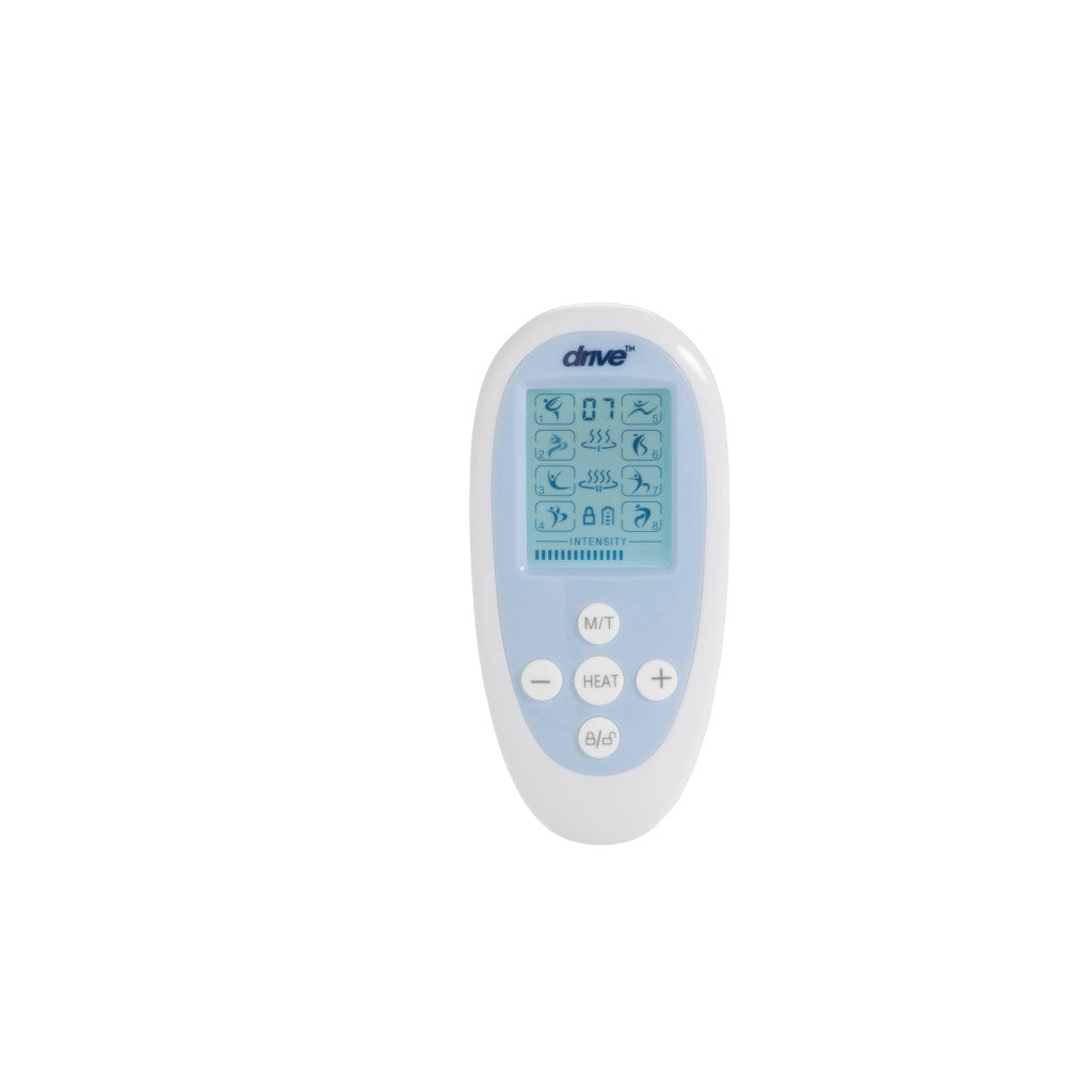 White Drive Medical handheld digital remote controller for heated TENS unit displaying LCD screen and adjustment buttons on a white background.
