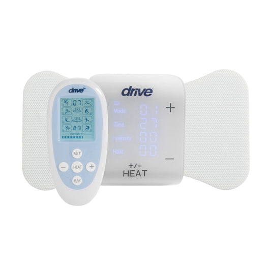 Drive Medical PainAway Pro heated TENS therapy unit set featuring a handheld digital remote controller and winged electrode pad on a plain white background.