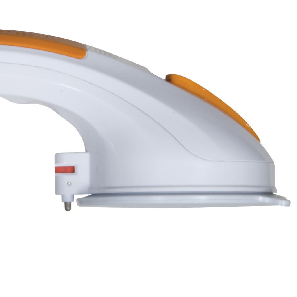 Close-up view of the suction cup base and release latch of a white and orange Drive Medical rotating grab bar on a white background.