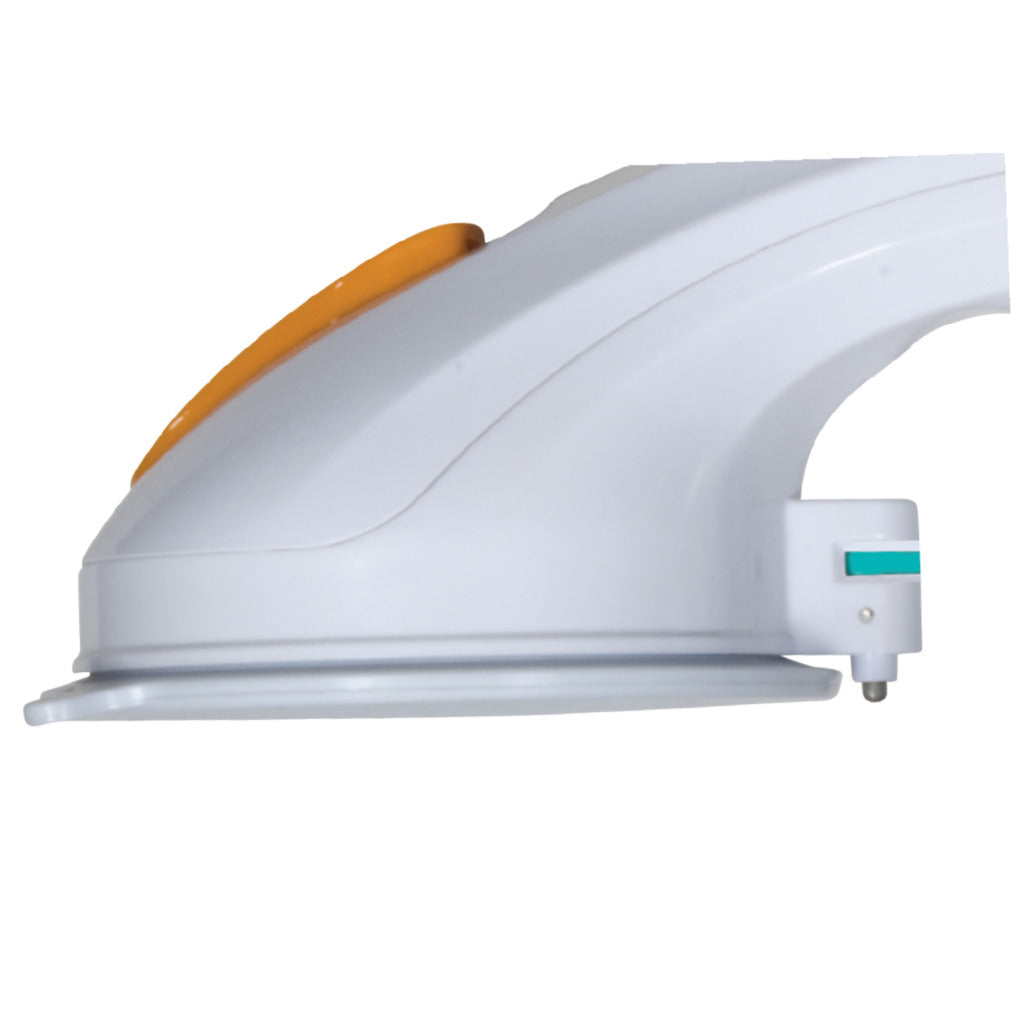 Side view detail of a white and orange Drive Medical rotating suction cup grab bar handle on a white background.