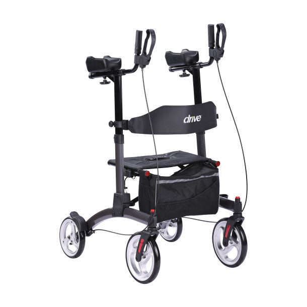 Black Drive Medical upright rollator walker featuring padded armrests, seat, backrest, and under-seat storage bag on a white background.