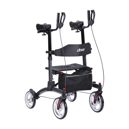 Black Drive Medical upright rollator walker featuring padded armrests, seat, backrest, and under-seat storage bag on a white background.