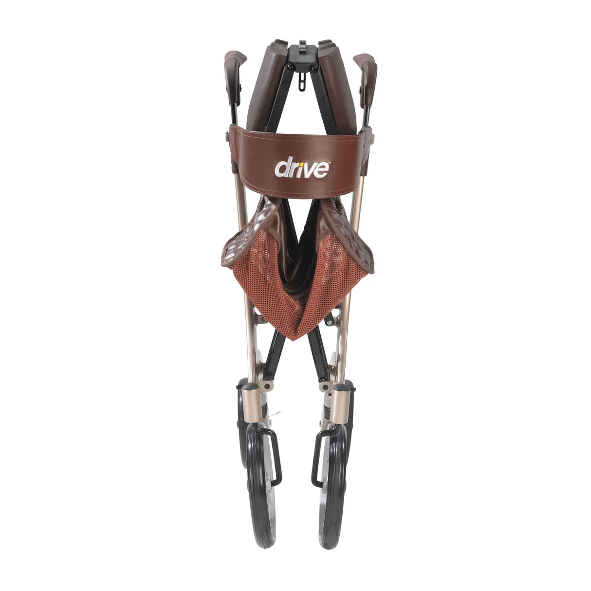 Champagne Drive Nitro DLX Euro Style rollator walker folded vertically for compact storage