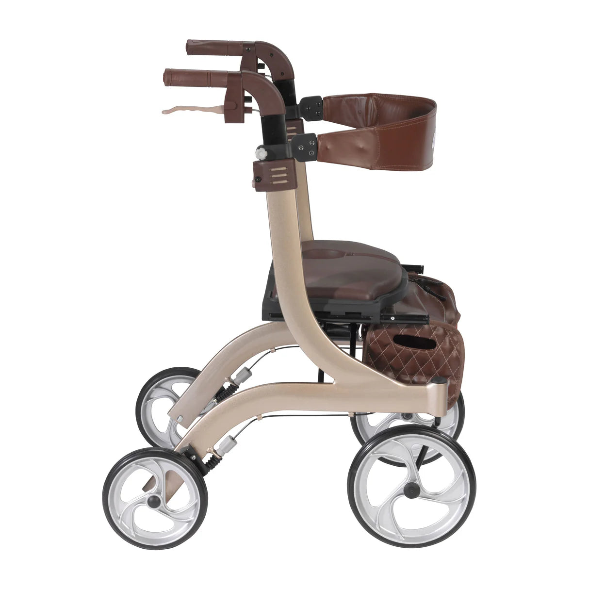 Side view of champagne Drive Nitro DLX Euro Style rollator walker with padded seat and seat bag