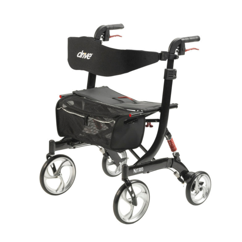 Full side profile view of the Drive Nitro HD rollator, showcasing the ergonomic frame design and height-adjustable handles.